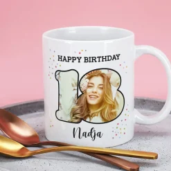 Fototasse zum 18. Geburtstag mit Name und Happy Birthday