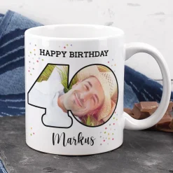 Fototasse zum 40. Geburtstag mit Name und Happy Birthday