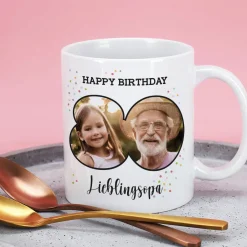 Fototasse zum 80. Geburtstag mit Name und Happy Birthday-Schriftzug