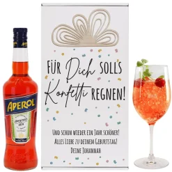 Für Dich solls Konfetti regnen! - Geschenkset zum Geburtstag mit Weinglas und Aperol