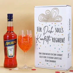 Für Dich solls Konfetti regnen! - Geschenkset zum Geburtstag mit Weinglas und Aperol