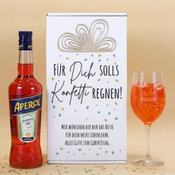 Für Dich solls Konfetti regnen! - Geschenkset zum Geburtstag mit Weinglas und Aperol