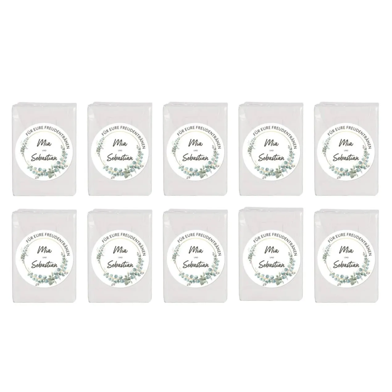 Freudentränen-Taschentücher zur Hochzeit mit Eukalyptus-Motiv & Namen, 10er Set