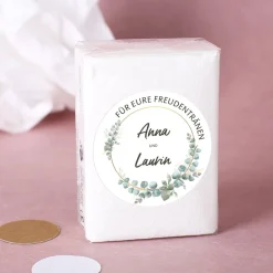 Freudentränen-Taschentücher zur Hochzeit mit Eukalyptus-Motiv & Namen, 10er Set