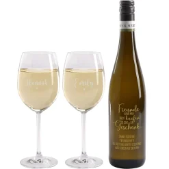 Freunde sind ein Geschenk - Wein Geschenkset mit gravierter Weinflasche und zwei Weingläsern