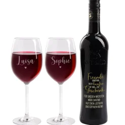 Freunde sind ein Geschenk - Wein Geschenkset mit gravierter Weinflasche und zwei Weingläsern