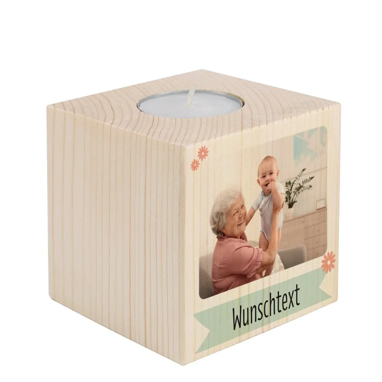 Frühlingshaftes Teelicht mit Ihrem Foto und Wunschtext