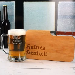 Frühstücksset für Männer mit graviertem Bierglas und Brettchen