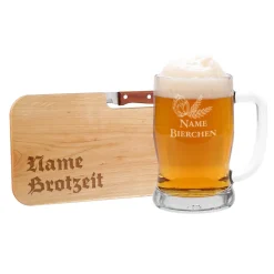 Frühstücksset für Männer mit graviertem Bierglas und Brettchen