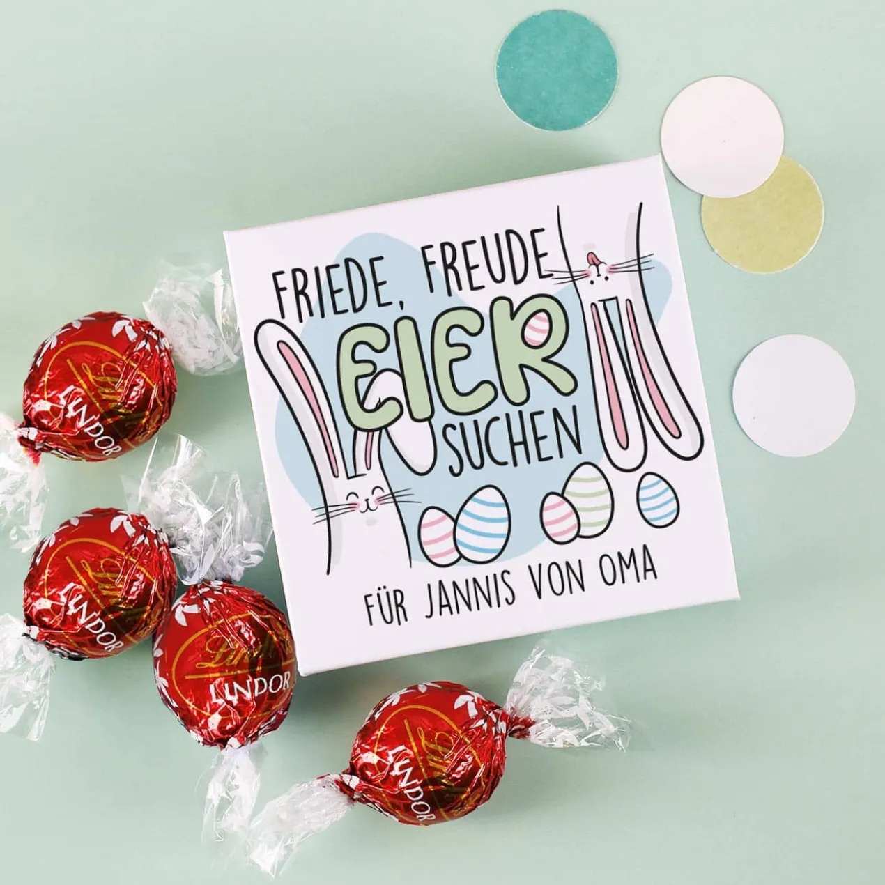 Friede, Freude, Eier suchen - 4 Lindorkugeln in Osterverpackung
