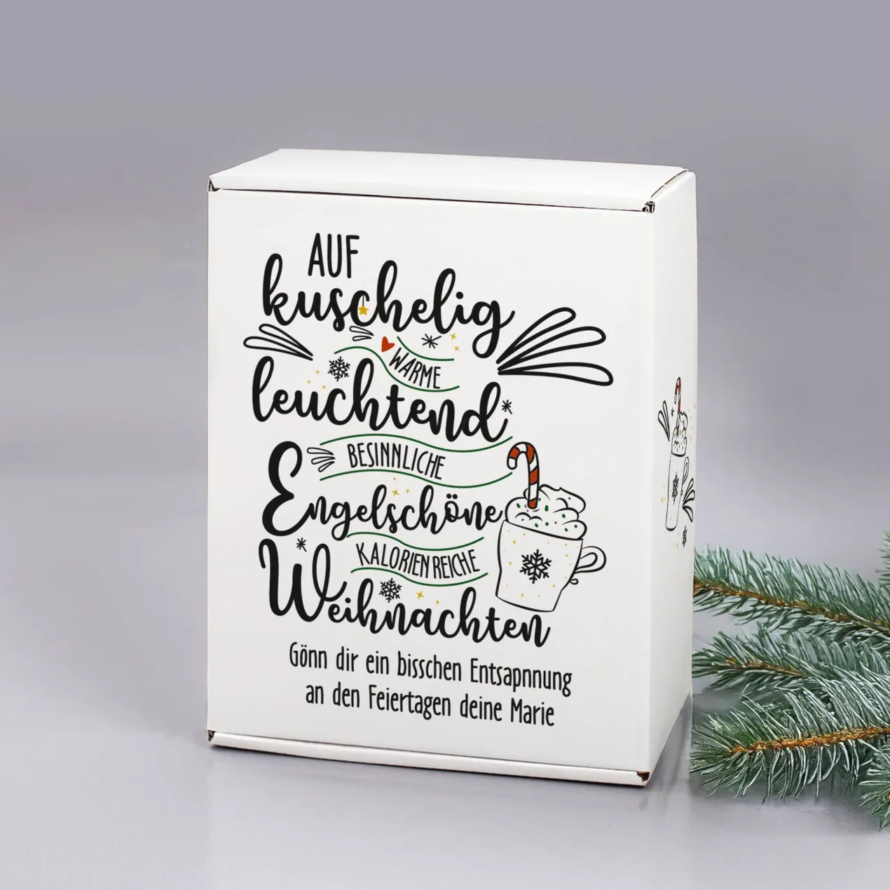Für kuschlig warme Weihnachten - Geschenkset mit gravierten Glas und personalisierter Verpackung