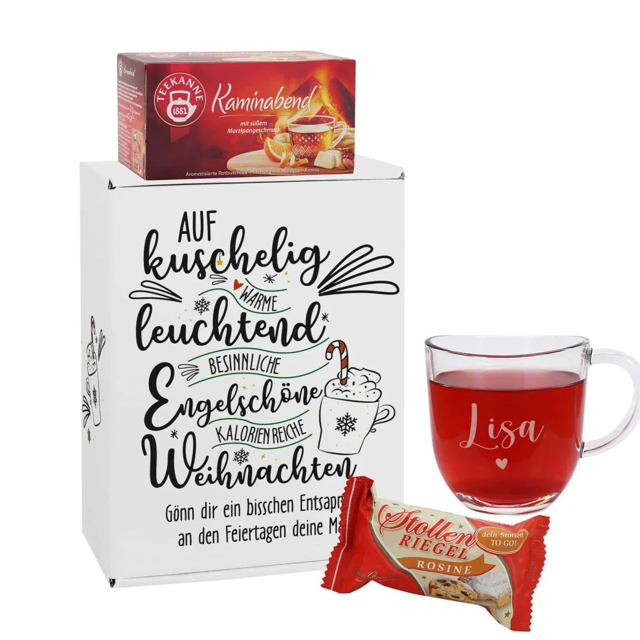 Für kuschlig warme Weihnachten - Geschenkset mit gravierten Glas und personalisierter Verpackung