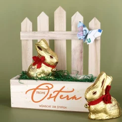 Frohe Ostern - Geschenkkorb mit zwei Goldhasen von Lindt befüllt