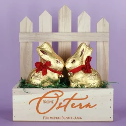 Frohe Ostern - Geschenkkorb mit zwei Goldhasen von Lindt befüllt