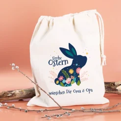 Frohe Ostern - Geschenksack mit Osterhase, Blüten und Wunschtext, 25 x 32 cm