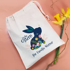 Frohe Ostern - Geschenksack mit Osterhase, Blüten und Wunschtext, 25 x 32 cm