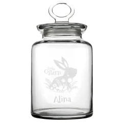 Frohe Ostern - gravierte Glasdose mit Osterhasenmotiv, Frühlingsblumen und Ihrem Wunschnamen