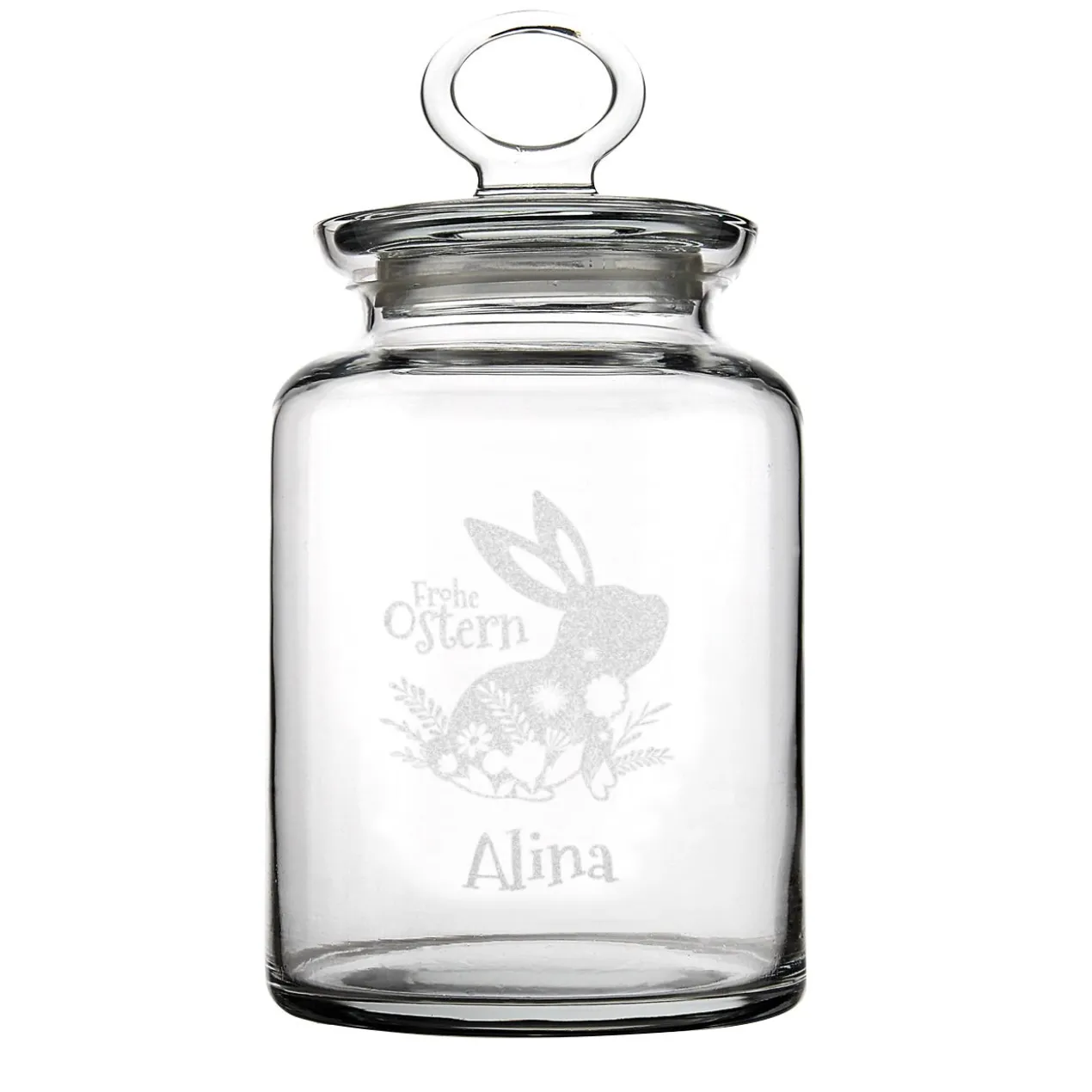 Frohe Ostern - gravierte Glasdose mit Osterhasenmotiv, Frühlingsblumen und Ihrem Wunschnamen
