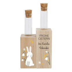 Frohe Ostern - Holzvase mit Reagenzgläschen und persönlichen Aufdruck
