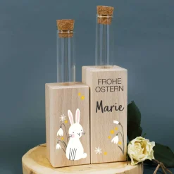 Frohe Ostern - Holzvase mit Reagenzgläschen und persönlichen Aufdruck