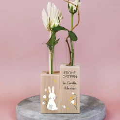 Frohe Ostern - Holzvase mit Reagenzgläschen und persönlichen Aufdruck