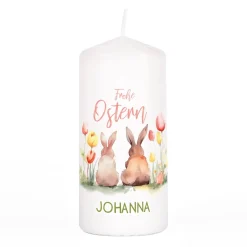 Frohe Ostern - Kerze mit Hasen, Blumen und Name