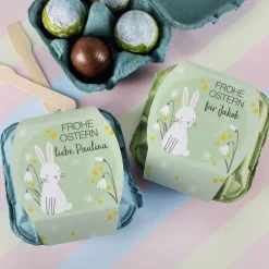 Frohe Ostern - Schokoeier im personalisierten Eierkarton | 4 Löffeleier