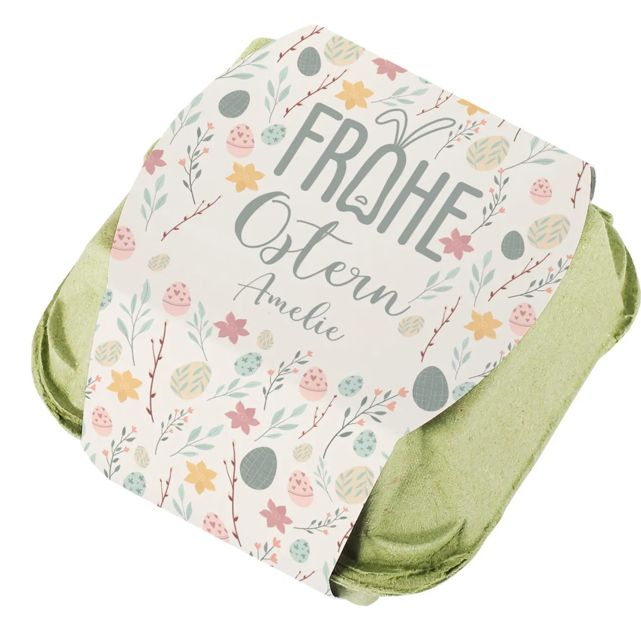 "Frohe Ostern" Schokoeier mit Wunschname & buntem Oster-Motiv | 4 Löffeleier