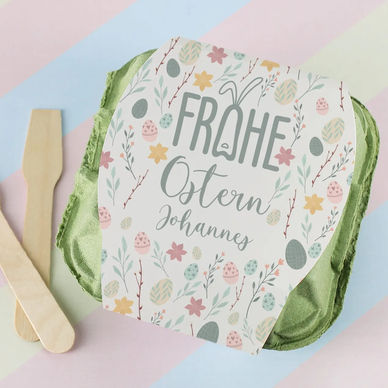 "Frohe Ostern" Schokoeier mit Wunschname & buntem Oster-Motiv | 4 Löffeleier