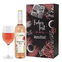 Frohes Fest - Biorebe Wein und Weinglas in weihnachtlicher Holzbox
