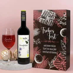 Frohes Fest - Biorebe Wein und Weinglas in weihnachtlicher Holzbox