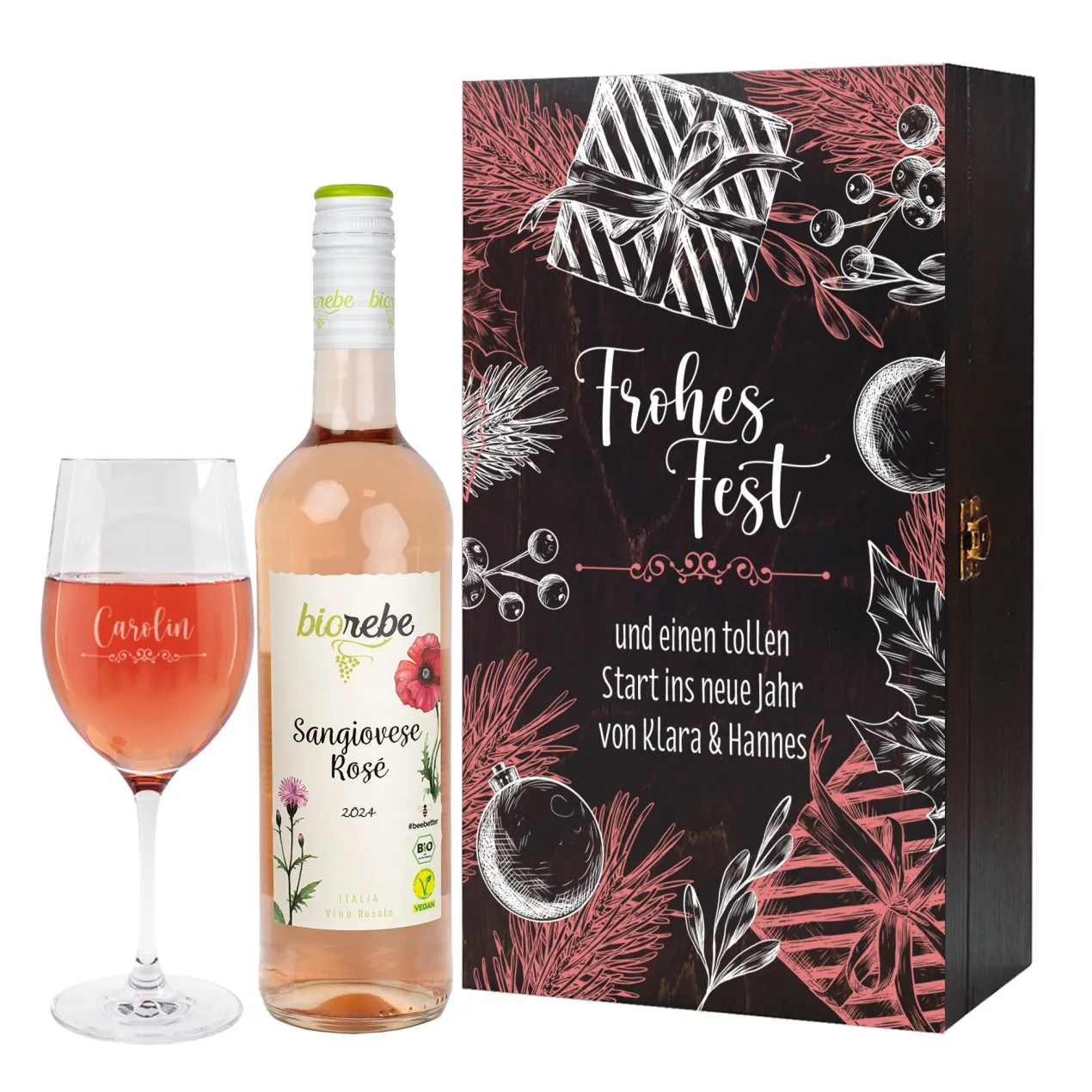 Frohes Fest - Biorebe Wein und Weinglas in weihnachtlicher Holzbox