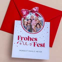 Frohes Fest - Foto-Karten mit Weihnachtskugel und Schleife