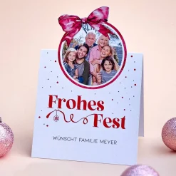 Frohes Fest - Foto-Karten mit Weihnachtskugel und Schleife