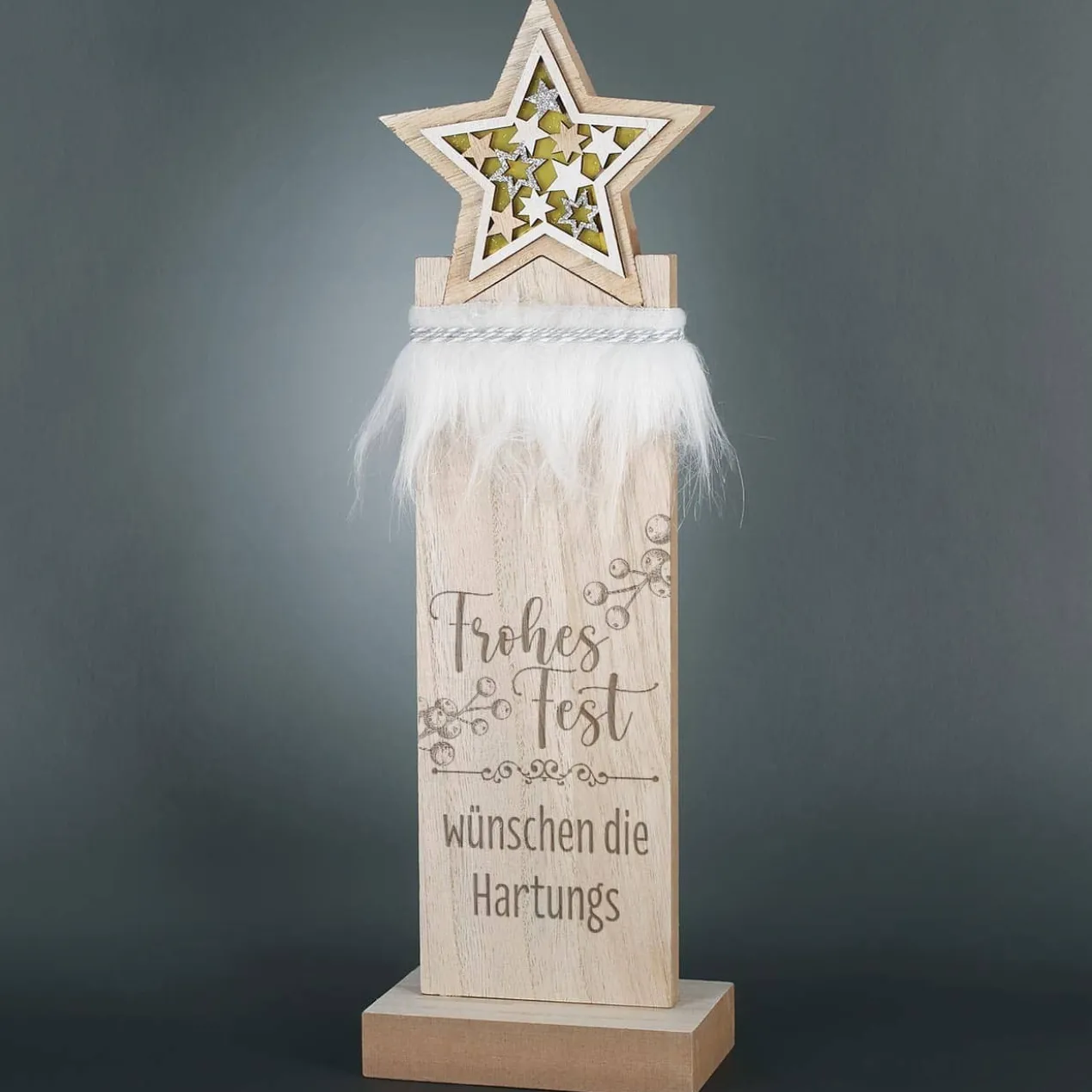 Frohes Fest - LED Holzskulptur mit Sterndetail und Gravur