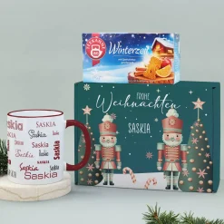 Frohe Weihnachten - Geschenkset mit Teekanne Tee und Namenstasse