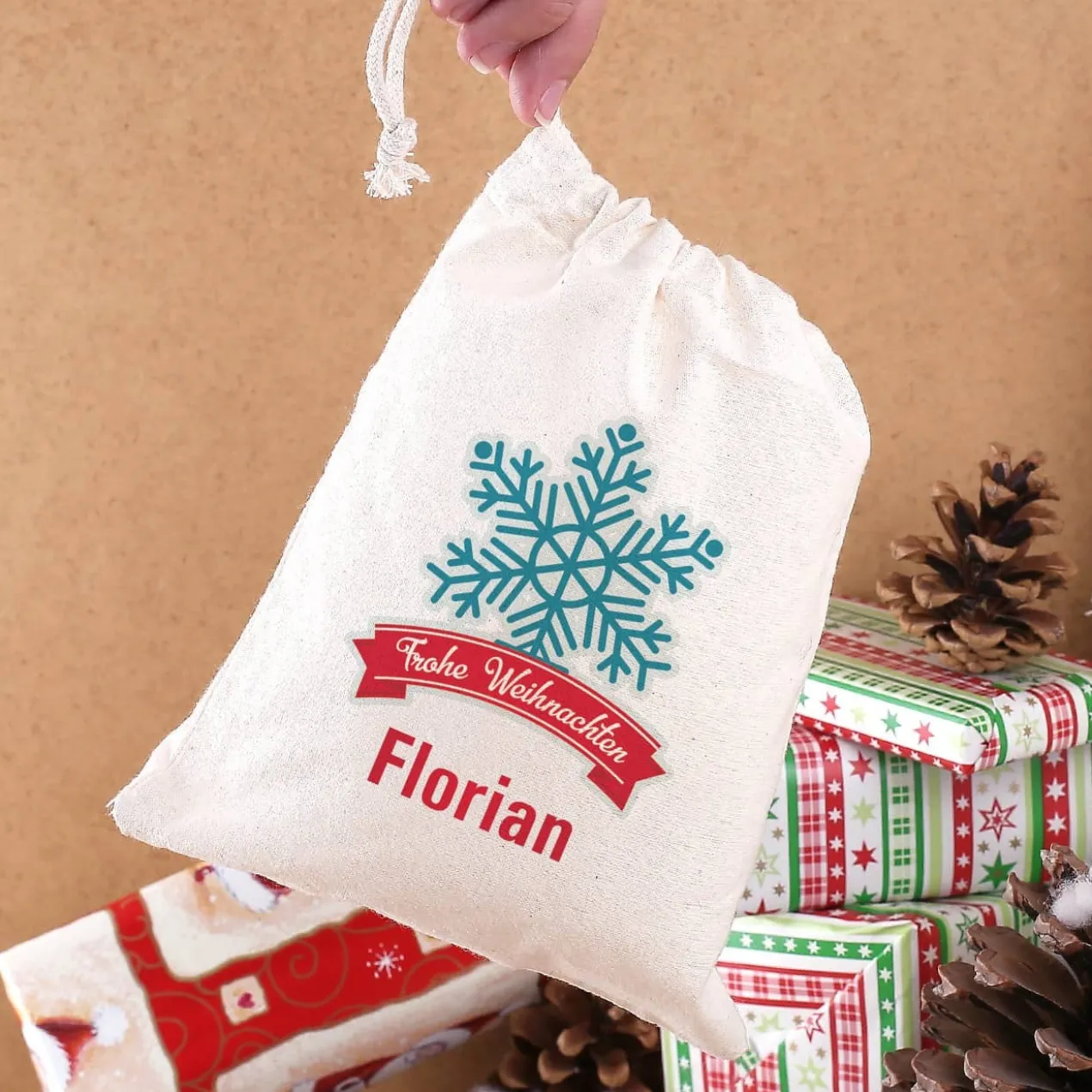 Frohe Weihnachten - kleiner Geschenksack mit Schneekristall