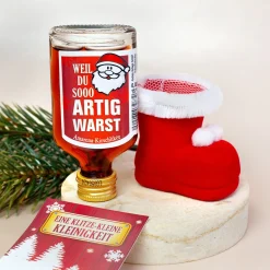 Fruchtlikör im Nikolausstiefel mit Amarena-Kirsch Geschmack und Sprüchen | Schnaps zu Weihnachten
