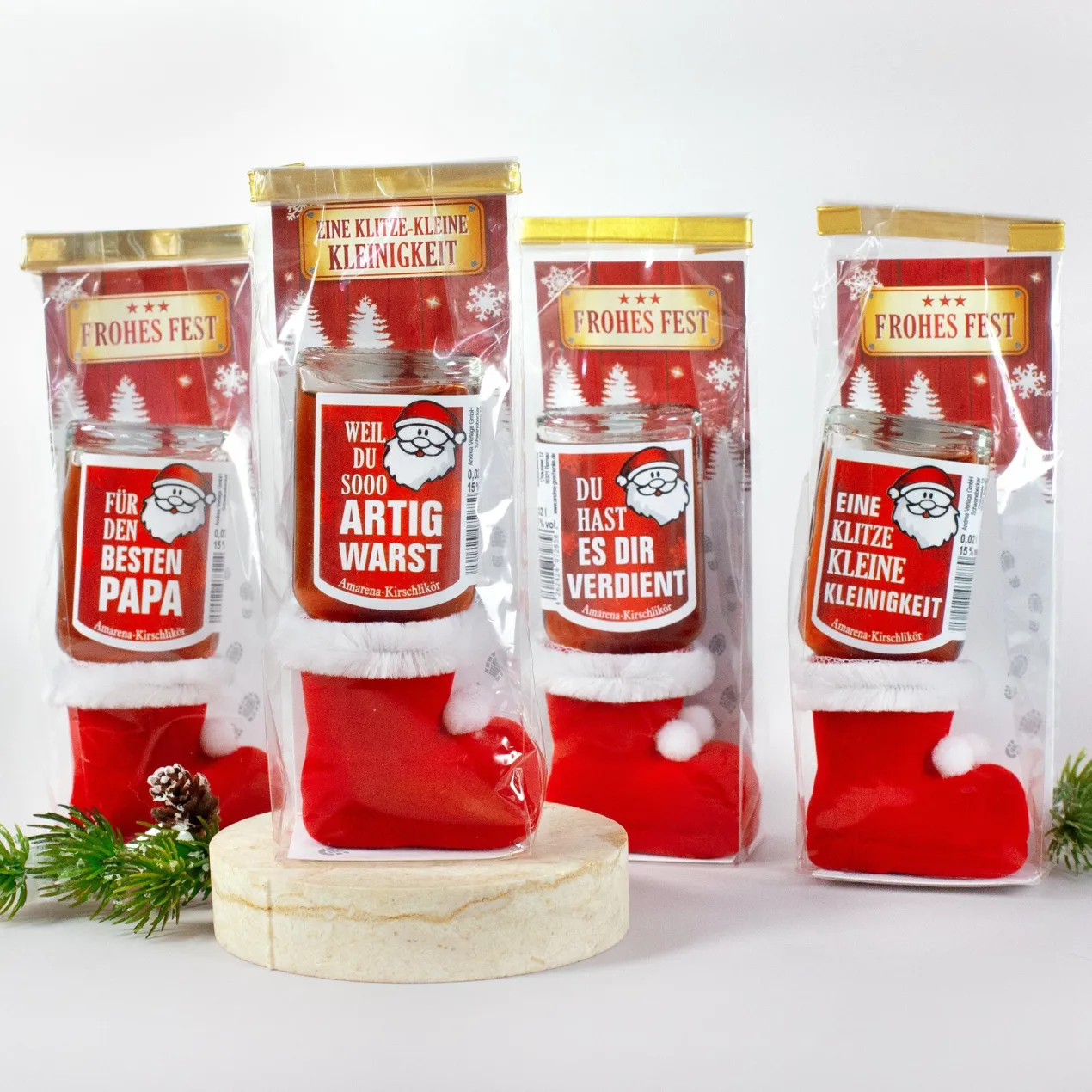 Fruchtlikör im Nikolausstiefel mit Amarena-Kirsch Geschmack und Sprüchen | Schnaps zu Weihnachten