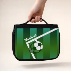 Fußball Kulturbeutel personalisiert mit Name | Waschtasche zum Aufhängen für Fußballer