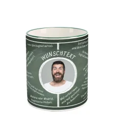 Fussball-Fan-Tasse bedruckt mit Fussballweisheiten und Wunschtext und Foto
