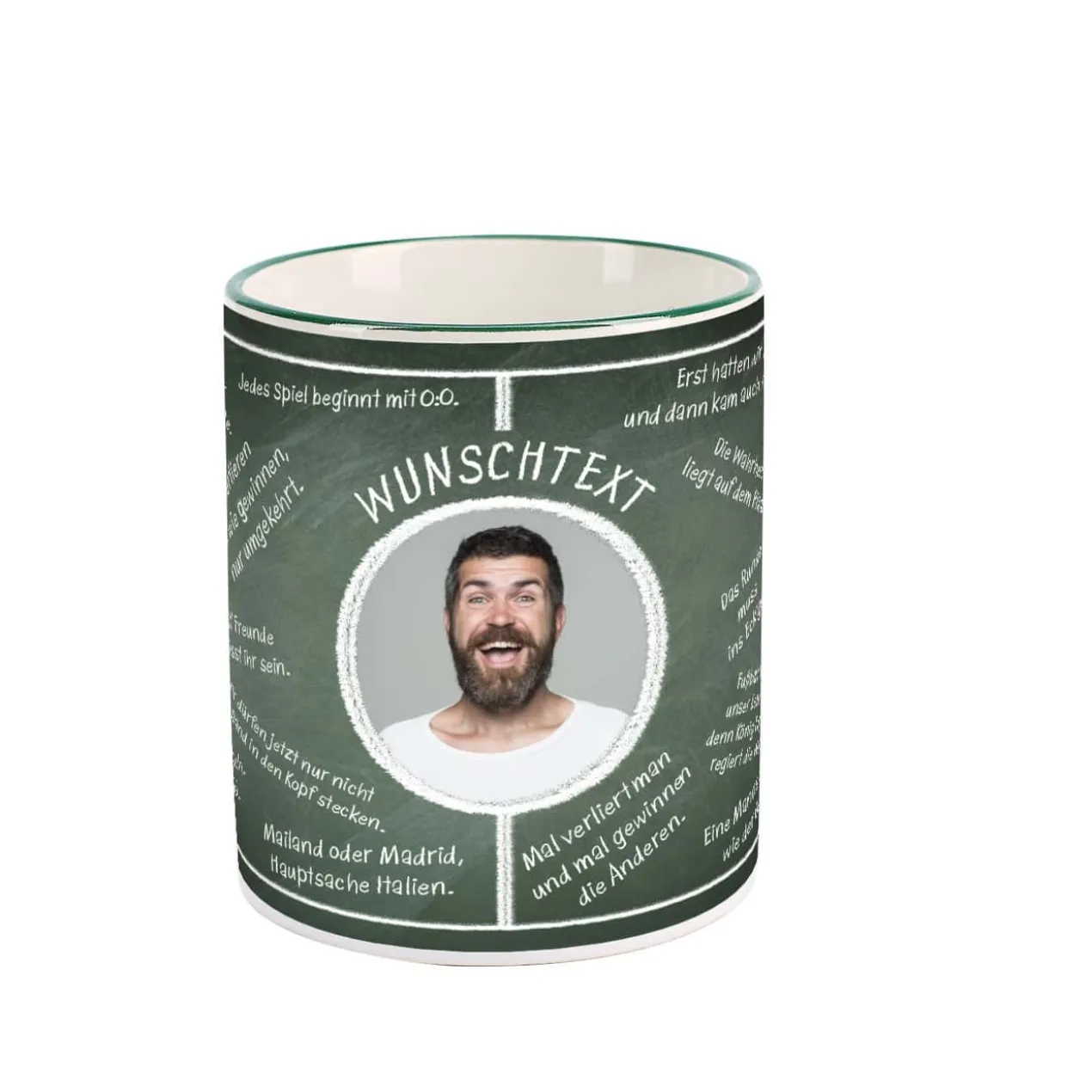 Fussball-Fan-Tasse bedruckt mit Fussballweisheiten und Wunschtext und Foto