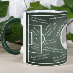 Fussball-Fan-Tasse bedruckt mit Fussballweisheiten und Wunschtext und Foto