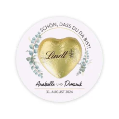 Gastgeschenk - Eukalyptus - mit Lindt Schokoherz auf bedruckter Karte