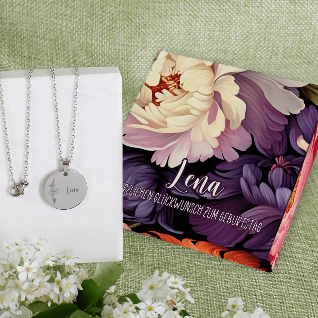 Geburtsblumen-Halskette mit Name in persönlicher Geschenkbox