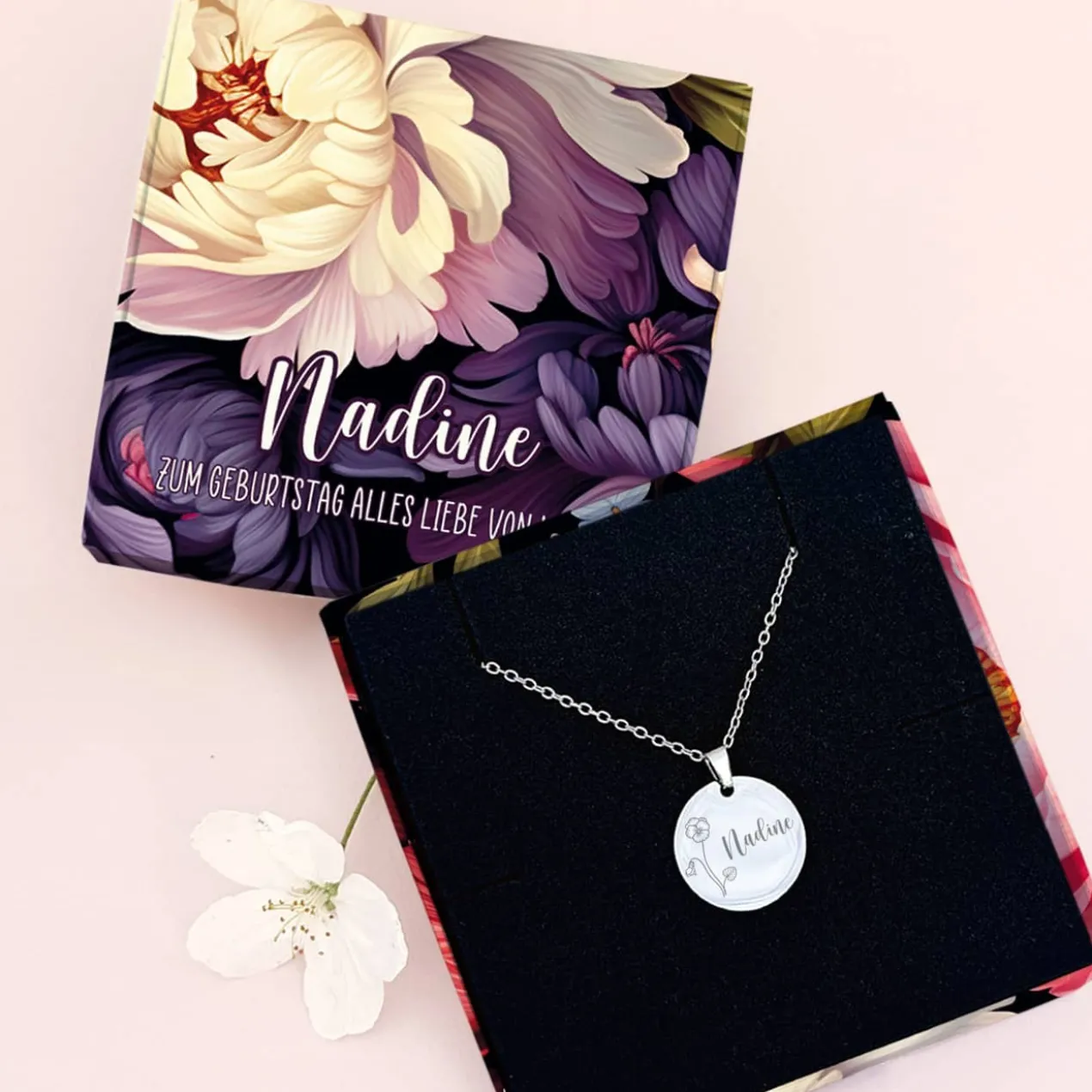 Geburtsblumen-Halskette mit Name in persönlicher Geschenkbox