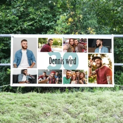 Geburtstagsbanner mit 8 Fotos, Alter und Wunschtext bedruckt