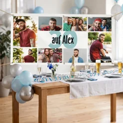 Geburtstagsbanner mit 8 Fotos, Alter und Wunschtext bedruckt