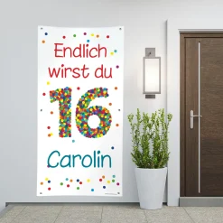 Geburtstagsbanner XL zum 16. Geburtstag mit Konfettizahl, Name und Text