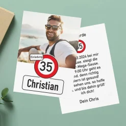 Geburtstagseinladung mit Ihrem Foto und Alter im Verkehrszeichen